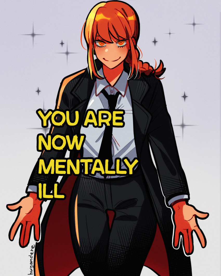 1girl, absurdres, artist_name, black_coat, black_necktie, black_pants, braid, braided_ponytail, chainsaw_man, coat, collared_shirt, formal_clothes, grey_background, hannibal_(tv_series), highres, huyandere, i_am_no_longer_mentally_ill_(meme), looking_at_viewer, mads_mikkelsen, makima_(chainsaw_man), medium_hair, meme, necktie, outstretched_arms, pants, parody, red_eyes, red_hair, ringed_eyes, shirt, shirt_tucked_in, sidelocks, simple_background, smile, solo, suit, white_shirt