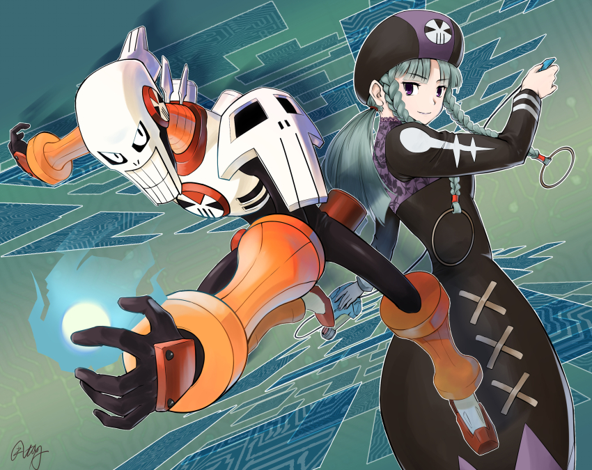 1boy, 1girl, battle_chip, black_dress, braid, dress, green_hair, hanabusa_(xztr3448)