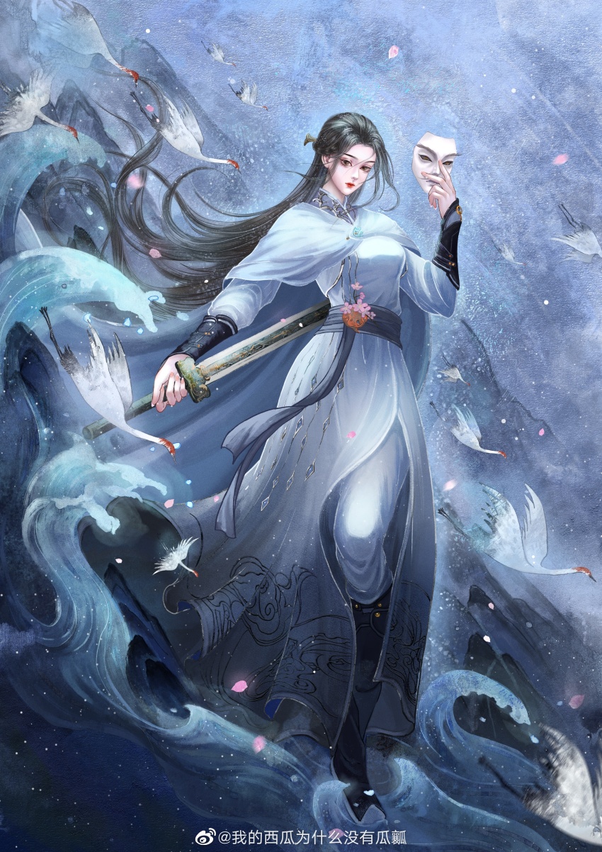 1girl, absurdres, bird, black_hair, cape, closed_mouth, crane_(animal), dress