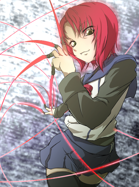 00s, 1girl, bad_id, bad_pixiv_id, black_thighhighs, claws, female_focus, green_eyes