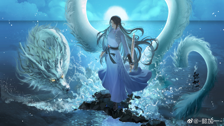 1girl, absurdres, black_footwear, black_hair, closed_mouth, dragon, dress, expressionless, full_body, highres, holding, holding_sword, holding_weapon, li_hanyi_(shaonian_ge_xing), long_hair, night, reverse_grip, rock, sash, shaonian_ge_xing, slashing, solo, sword, water, weapon, white_dress, wrist_guards, yi_jia