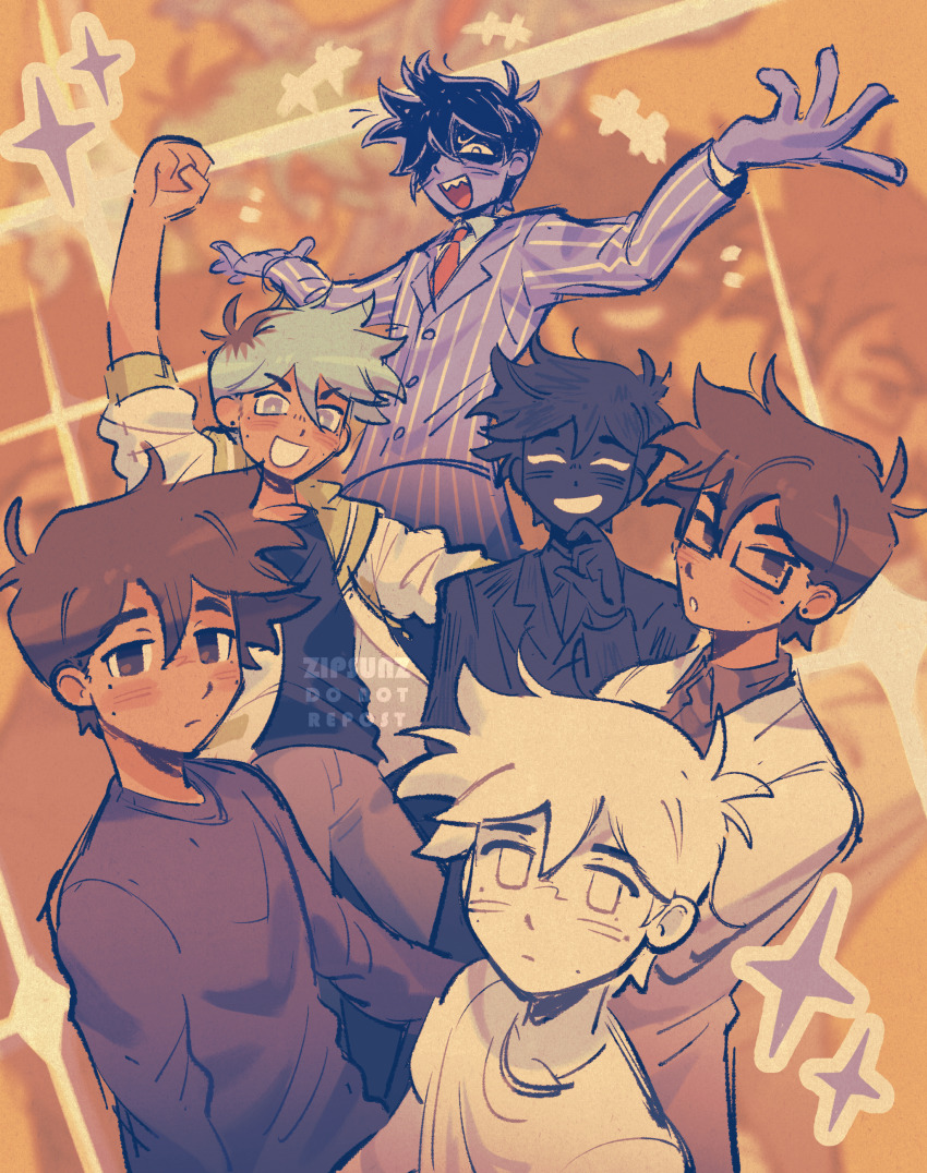 6+boys, absurdres, alternate_costume, alternate_hair_color, bespectacled, black-framed_eyewear, black_hair, black_skin