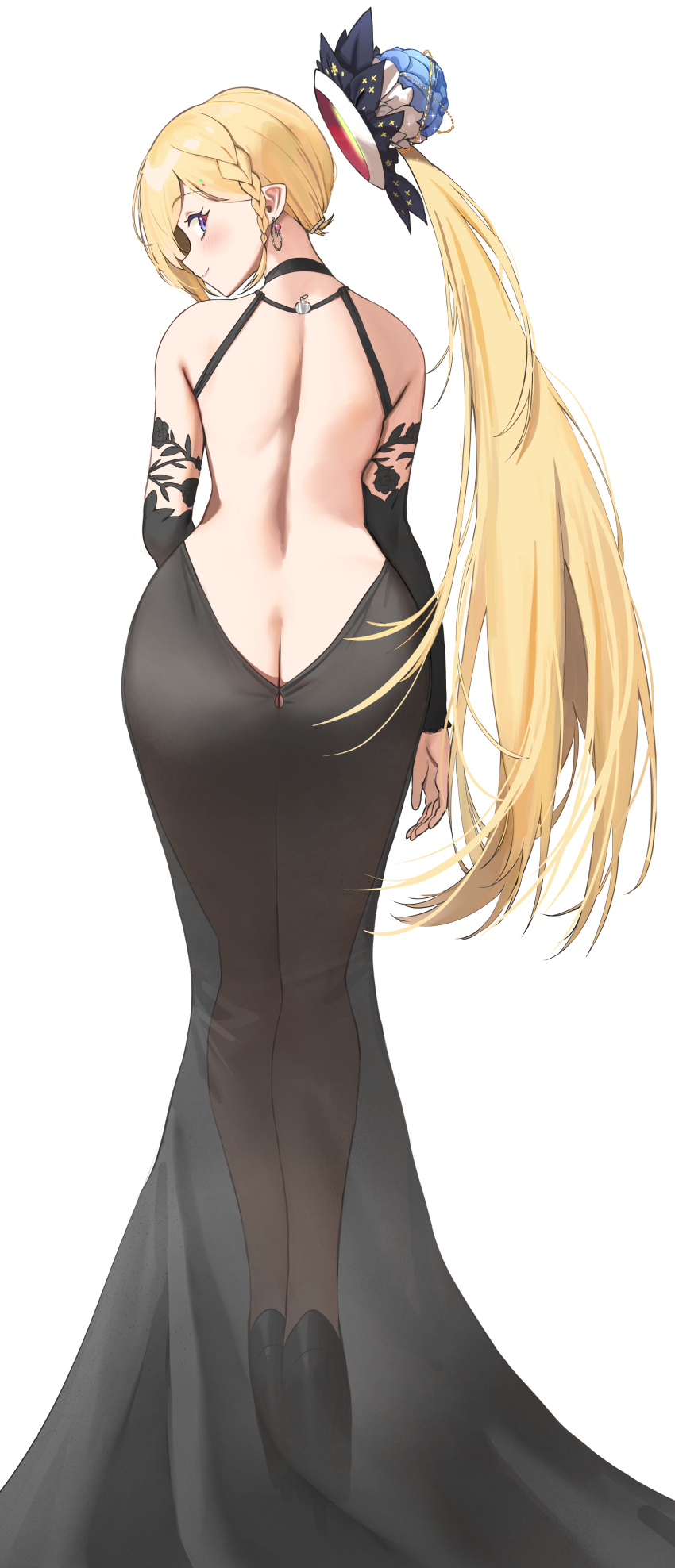 1girl, absurdres, aki_rosenthal, backless_dress, backless_outfit, bare_shoulders, blonde_hair, blush