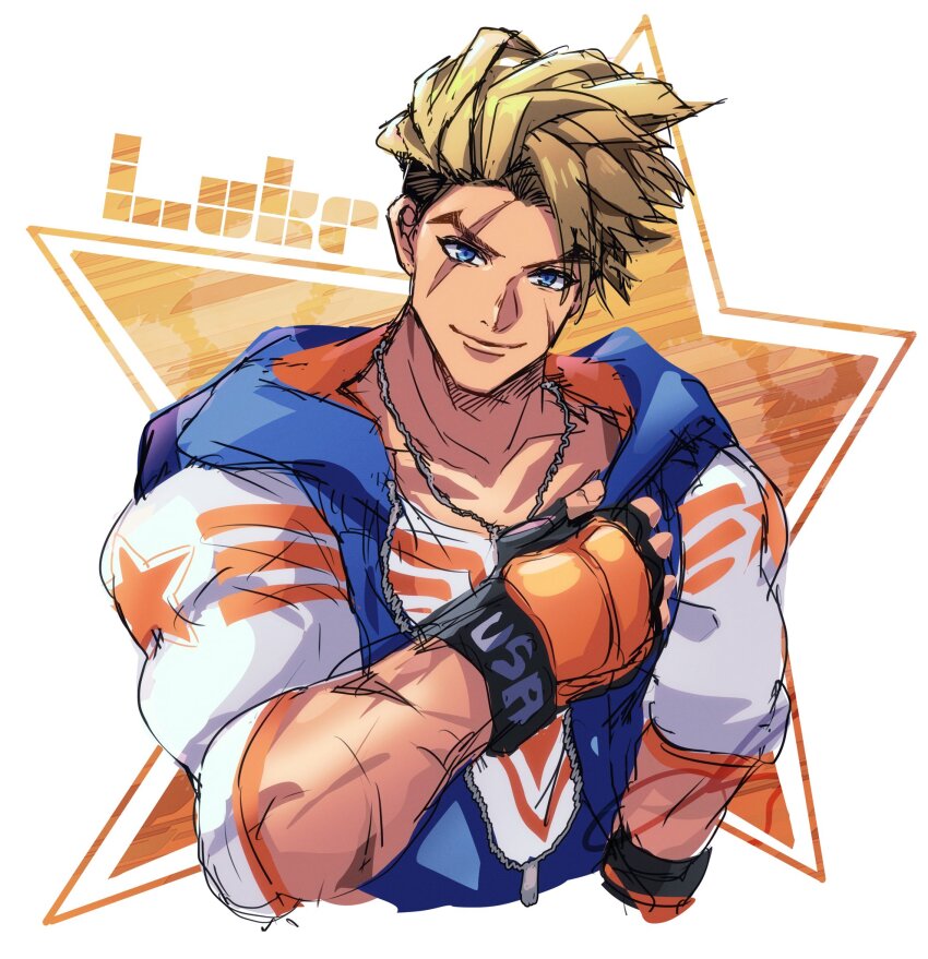 1boy, black_gloves, blonde_hair, blue_eyes, blue_hoodie, chain, chain_necklace, character_name