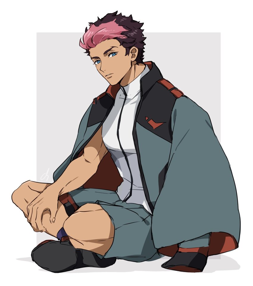 1boy, aqua_eyes, asticassia_school_uniform, black_footwear, border, brown_hair, full_body, green_jacket