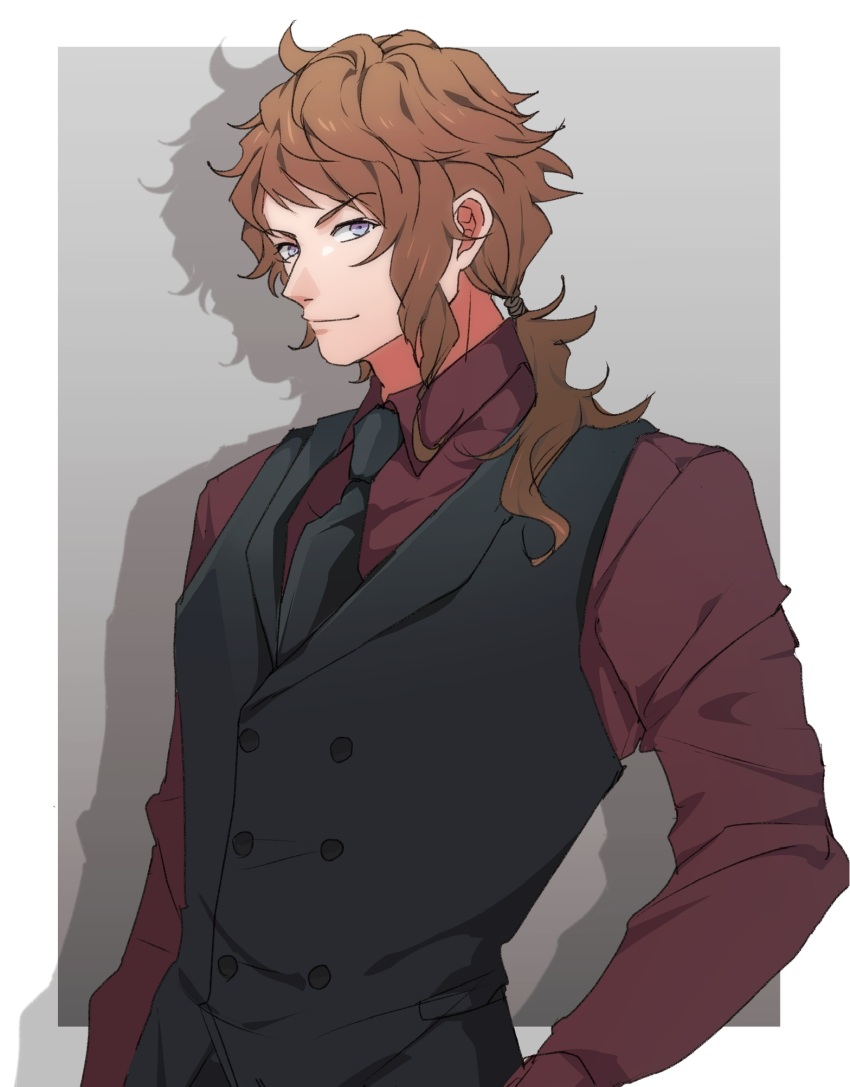 1boy, black_necktie, black_vest, border, brown_hair, collared_shirt, grey_background, hair_over_shoulder