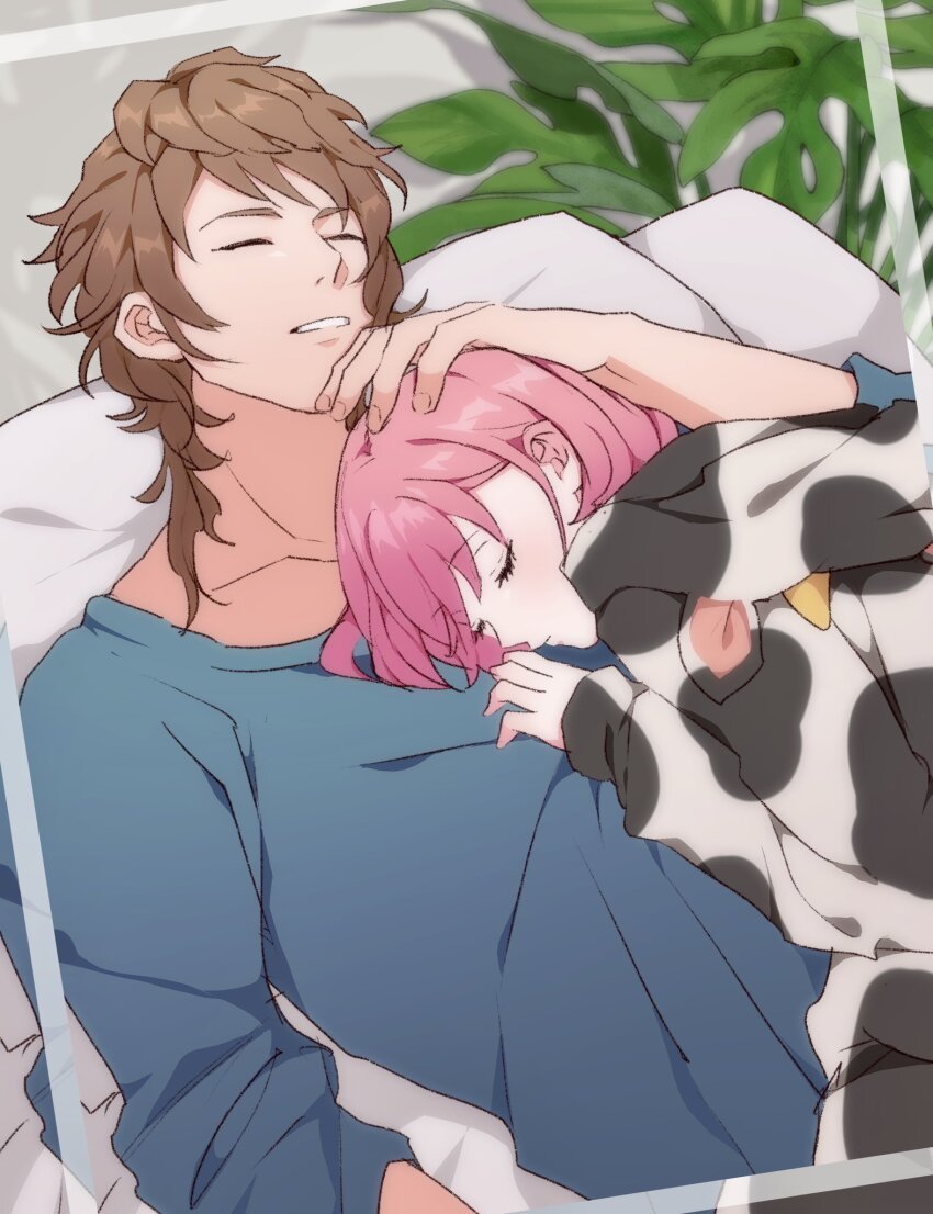 1boy, 1girl, animal_hood, animal_print, blue_shirt, brown_hair, closed_eyes, couple, cow_hood, cow_print, cuddling, hand_on_another's_head, hetero, highres, hood, hood_down, hoodie, long_hair, mikage_kojirou, parted_lips, pink_hair, plant, print_hoodie, protagonist_(tokimemo_gs4), sen3s, shirt, short_hair, sleeping, swept_bangs, tokimeki_memorial, tokimeki_memorial_girl's_side, tokimeki_memorial_girl's_side_4th_heart, upper_body