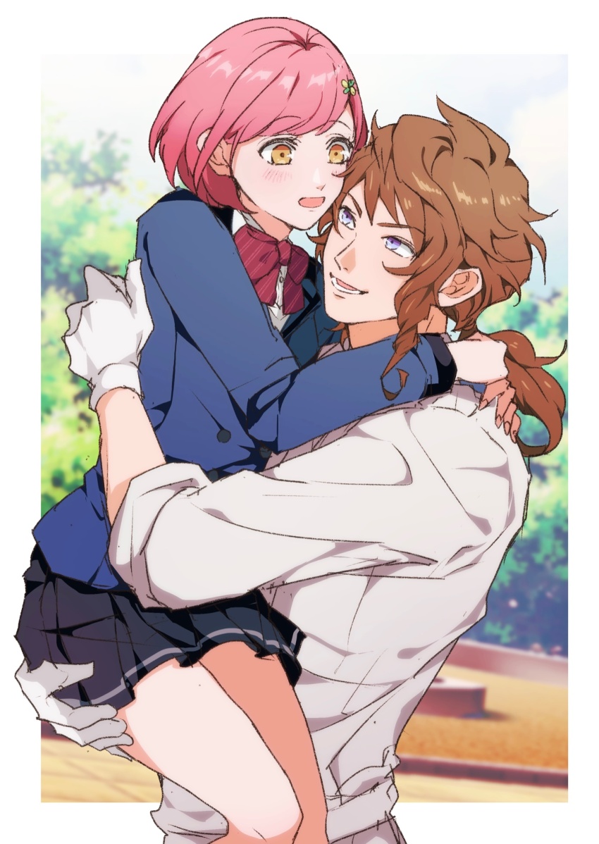 1boy, 1girl, arms_around_neck, black_skirt, blue_jacket, blurry, blurry_background, blush