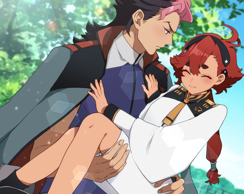 1boy, 1girl, ahoge, asticassia_school_uniform, black_footwear, black_hair, black_hairband, blurry, blurry_background, blush, carrying, closed_eyes, gold_trim, green_jacket, guel_jeturk, gundam, gundam_suisei_no_majo, hair_between_eyes, hair_tie, hairband, hands_on_another's_chest, highres, jacket, jacket_on_shoulders, long_hair, long_sleeves, looking_at_another, low_ponytail, mole, mole_under_eye, mullet, multi-tied_hair, multicolored_hair, outdoors, pink_hair, ponytail, princess_carry, purple_shirt, red_hair, school_uniform, sen3s, shirt, short_hair_with_long_locks, shorts, sleeveless, sleeveless_shirt, suletta_mercury, thick_eyebrows, two-tone_hair, white_jacket, white_shorts