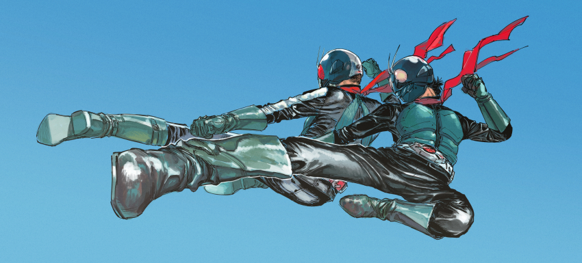 2boys, antennae, belt, black_hair, black_pants, blue_background, boots, engraulis