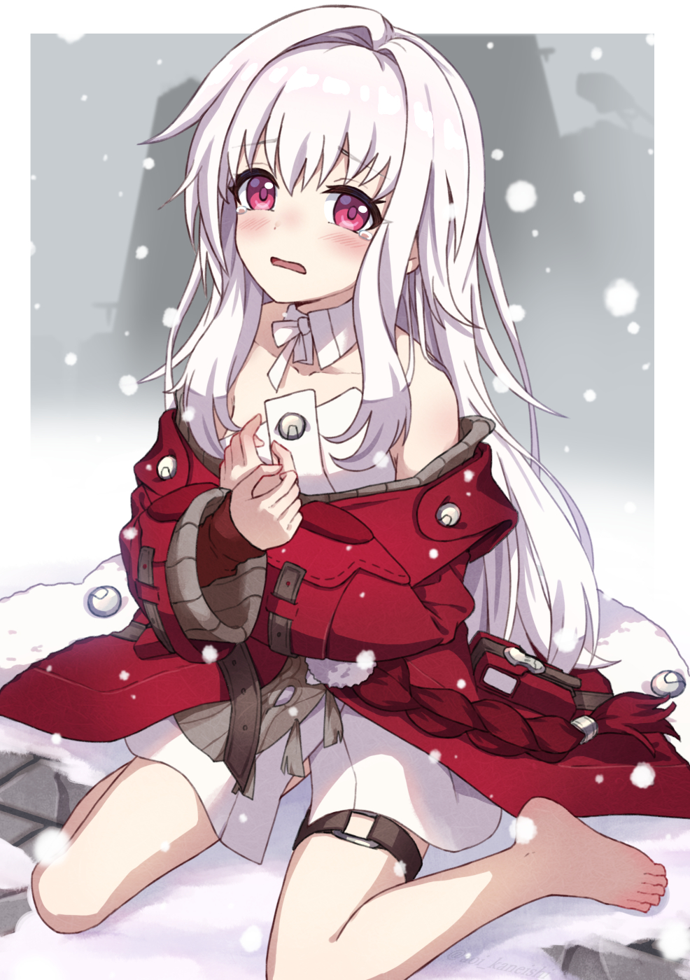 1girl, bare_shoulders, barefoot, blush, clara_(honkai:_star_rail), collarbone, commentary_request, crying, crying_with_eyes_open, detached_collar, dress, eyelashes, feet, grey_hair, hair_intakes, hands_up, highres, honkai:_star_rail, honkai_(series), ishikane_aoi, jacket, legs, long_sleeves, off_shoulder, open_mouth, outdoors, purple_eyes, red_jacket, shadow, short_dress, sidelocks, sitting, snow, snowing, solo, tears, thigh_strap, thighs, toes, wariza, white_dress, wide_sleeves