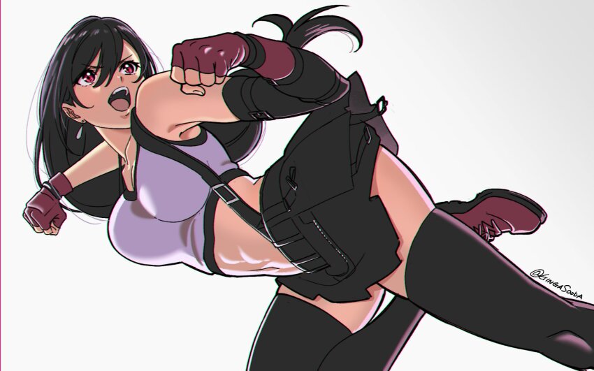 1girl, abs, asymmetrical_gloves, bare_shoulders, black_bra, black_gloves, black_hair, black_skirt