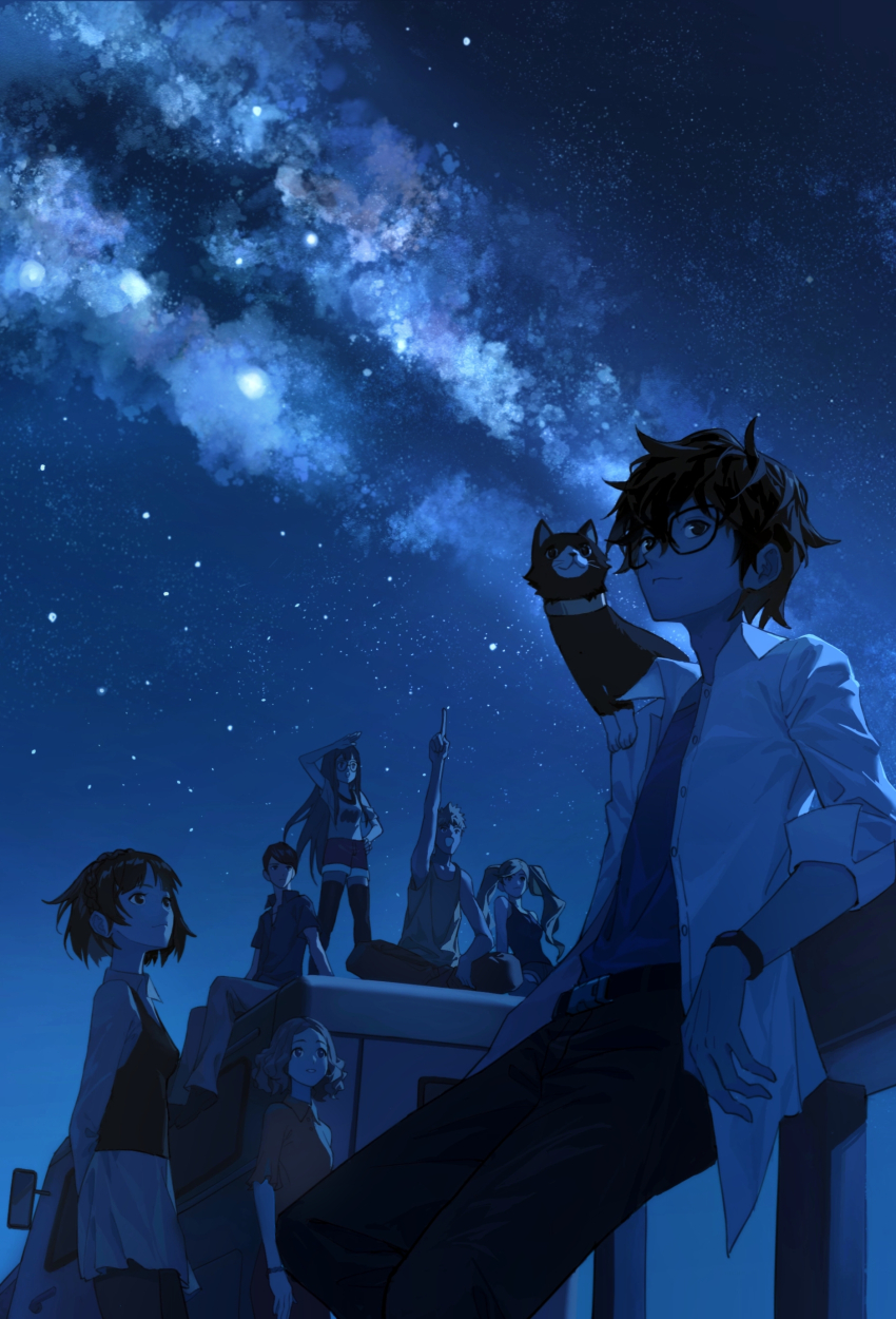 3boys, 4girls, absurdres, amamiya_ren, belt_buckle, black_cat, black_hair, bob_cut