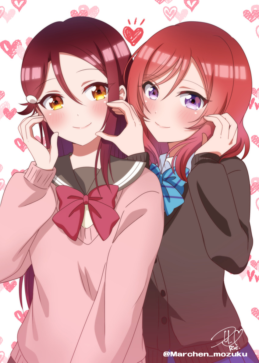 2girls, blue_bow, blush, bow, bowtie, brown_cardigan, cardigan, dark_red_hair