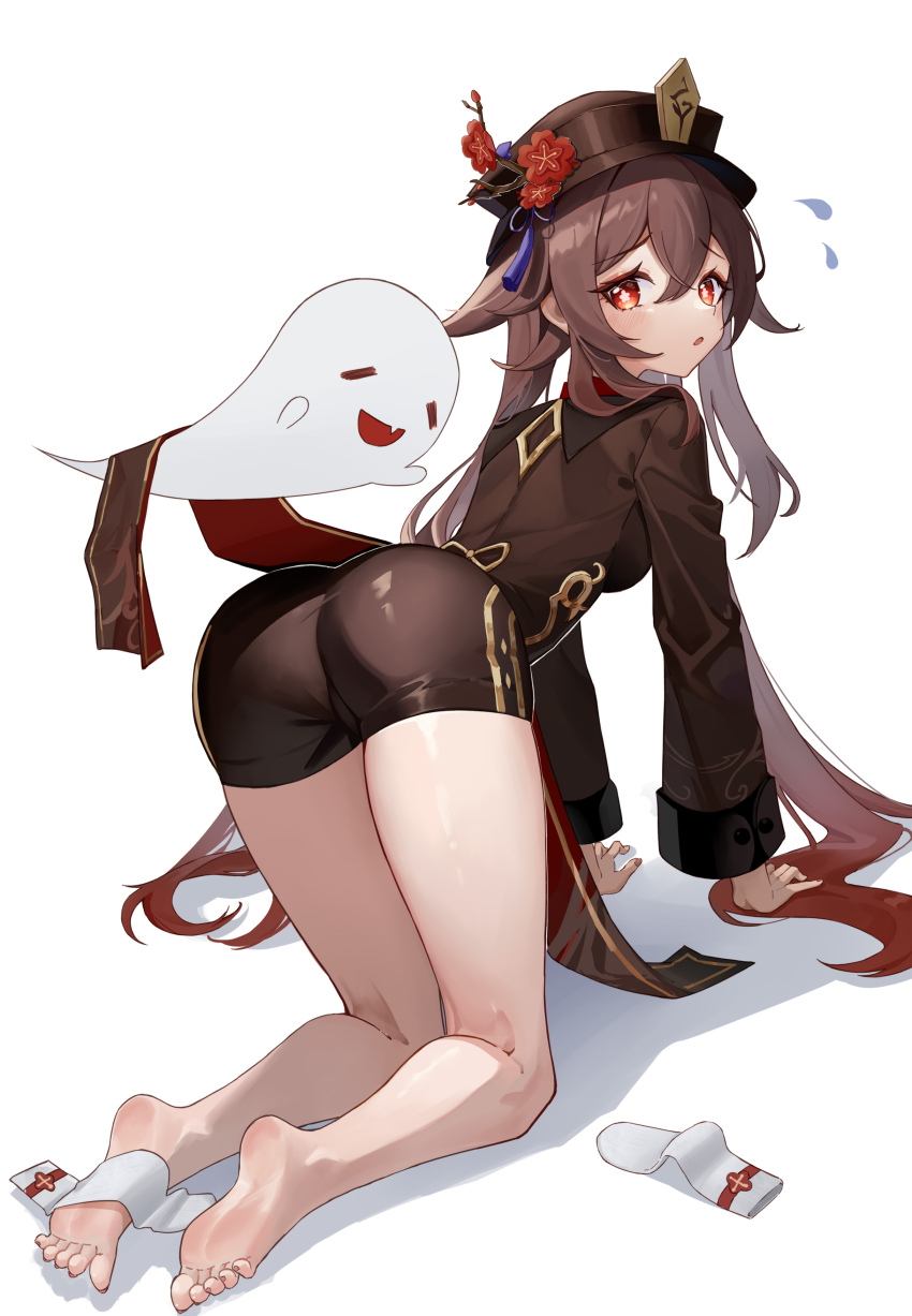 1girl, absurdres, all_fours, barefoot, black_hat, black_shorts, blush, brown_hair, feet, flower, flower-shaped_pupils, genshin_impact, ghost, hair_between_eyes, hat, hat_flower, highres, hu_tao_(genshin_impact), huahu_(unstoppable), jewelry, long_hair, long_sleeves, looking_at_viewer, plum_blossoms, porkpie_hat, red_eyes, shorts, socks, solo, symbol-shaped_pupils, thighs, twintails, very_long_hair