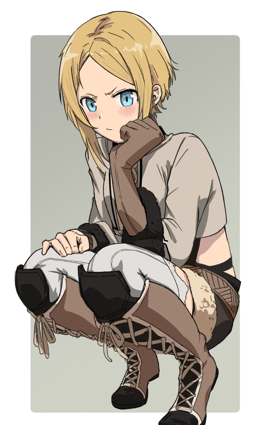 1girl, absurdres, black_fur, blonde_hair, blue_eyes, blush, boots, border