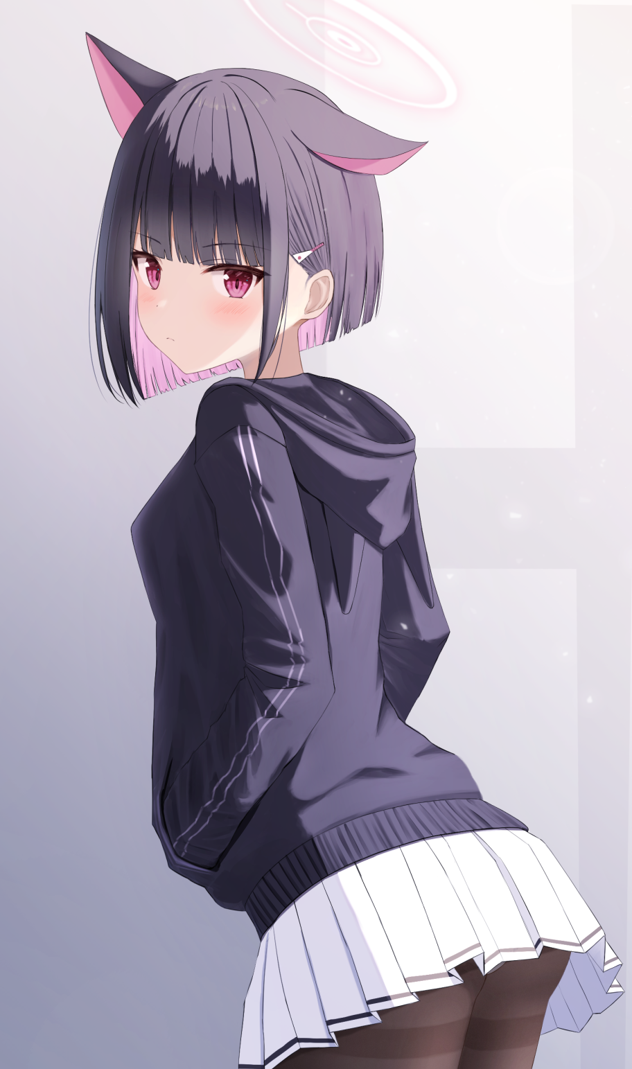 1girl, animal_ears, black_hair, black_hoodie, black_pantyhose, blue_archive, cat_ears, halo
