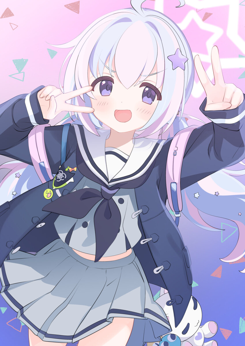 1girl, :d, ahoge, backpack, badge, bag, bag_charm, black_jacket