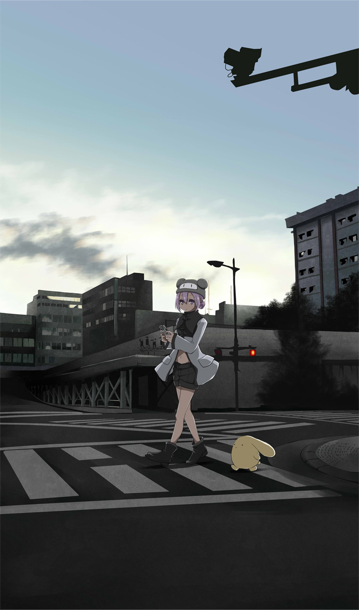 1girl, animal_hat, black_footwear, black_shorts, building, cellphone, character_request, city