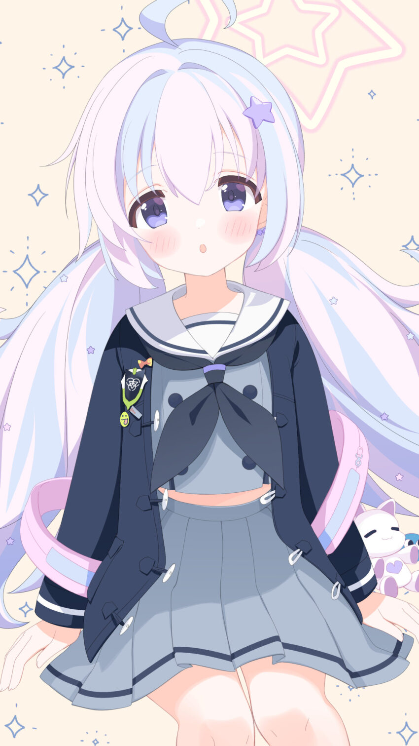 1girl, :o, ahoge, backpack, badge, bag, bag_charm, black_jacket