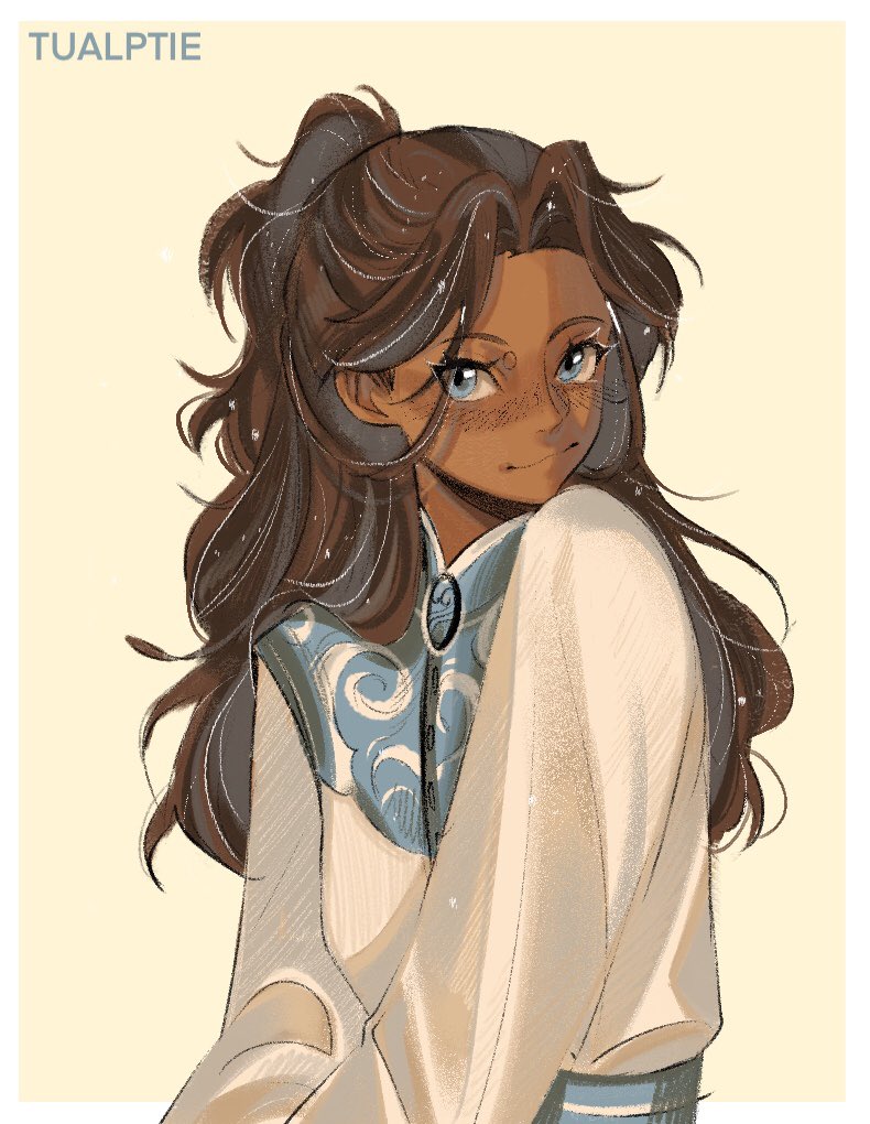 1girl, alternate_costume, artist_name, avatar:_the_last_airbender, avatar_legends, blue_eyes, breasts, brown_hair, commentary, dark-skinned_female, dark_skin, english_commentary, head_tilt, katara, long_sleeves, looking_at_viewer, medium_breasts, shirt, smile, solo, tualptie, white_shirt, yellow_background