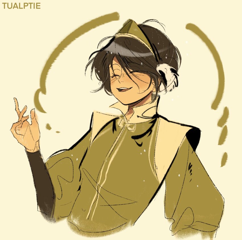1girl, ^_^, artist_name, avatar:_the_last_airbender, avatar_legends, black_hair, blush, closed_eyes, green_hairband, green_jacket, hairband, head_tilt, highres, jacket, open_mouth, short_hair, smile, solo, toph_beifong, tualptie, upper_body, yellow_background