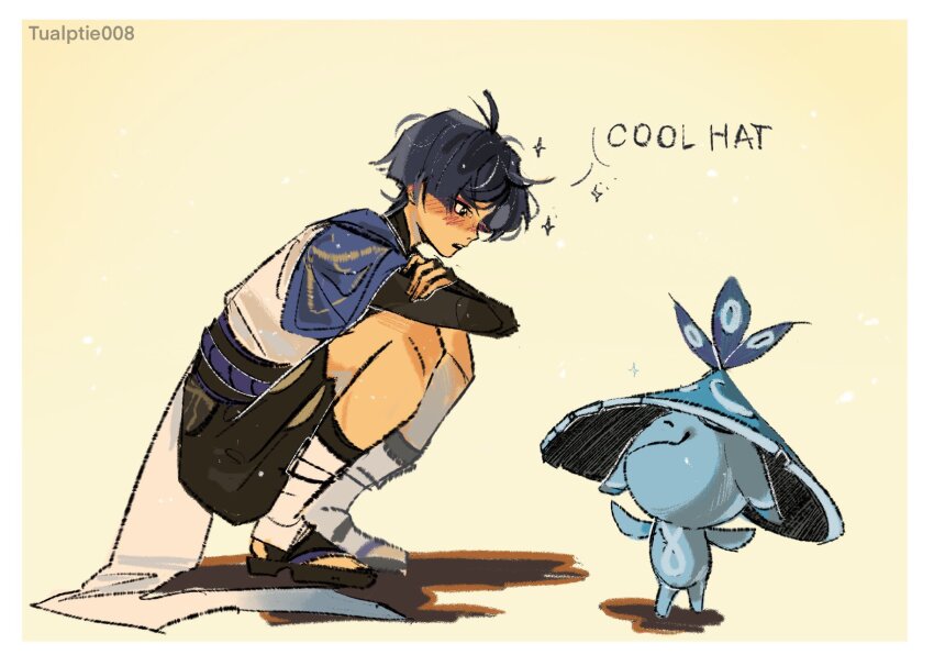 1boy, 1other, aranara_(genshin_impact), ararycan_(genshin_impact), artist_name, black_eyes, black_footwear, black_hair