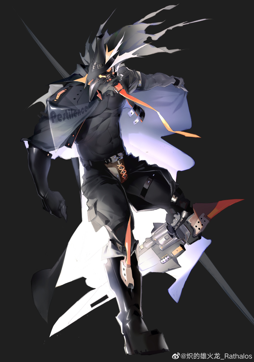 1boy, absurdres, artificial_eye, bara, beak, black_boots, black_cape, boots