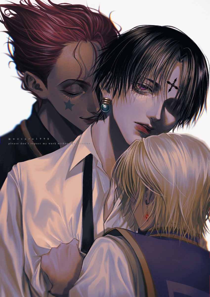 1other, 2boys, androgynous, black_hair, blonde_hair, chrollo_lucilfer, closed_eyes, cross_tattoo