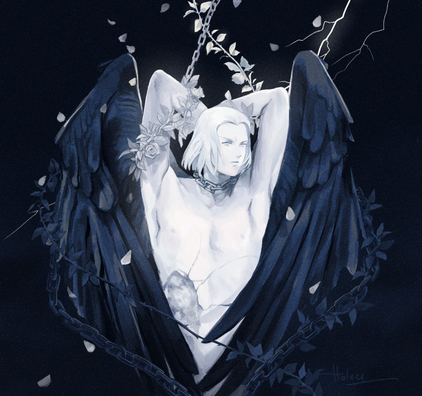 1boy, angel_wings, arms_behind_head, artist_name, auguste_beau, black_wings, chain, chain_around_neck, cropped_torso, dark_background, flower, highres, injury, kaze_to_ki_no_uta, leaf, lightning, male_focus, marble_(stone), marble_sculpture, medium_hair, nipples, rose, statue, theholeyness, thorns, topless_male, upper_body, wings