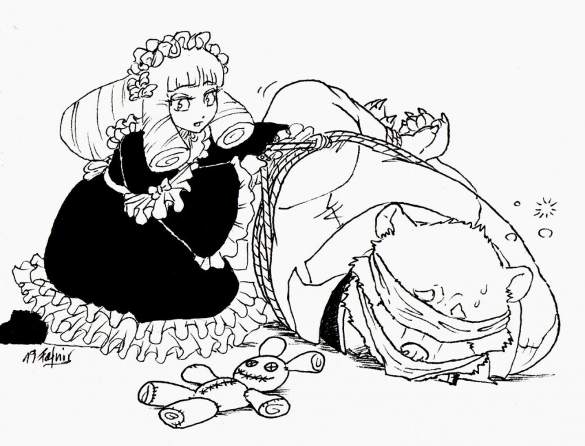 1boy, 1girl, alice_(housamo), animal_ears, bear_boy, bear_ears, blindfold, blunt_bangs