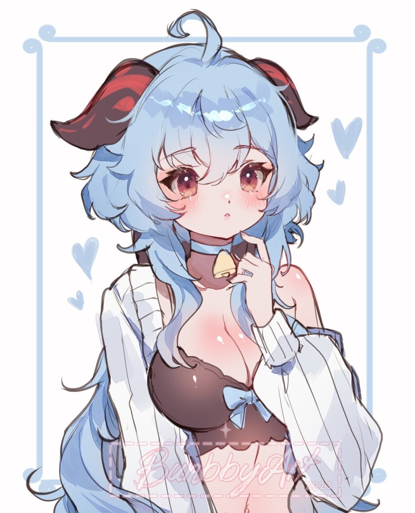 1girl, ahoge, bell, black_shirt, blue_background, blue_choker, blue_hair, blush, breasts, brown_eyes, bunbbyart, choker, cleavage, crop_top, ganyu_(genshin_impact), genshin_impact, heart, highres, horns, large_breasts, light_blue_hair, long_hair, long_sleeves, low_ponytail, medium_breasts, multicolored_background, neck_bell, parted_lips, pointing, pointing_at_self, ponytail, sheep_horns, shirt, solo, white_background, white_sleeves