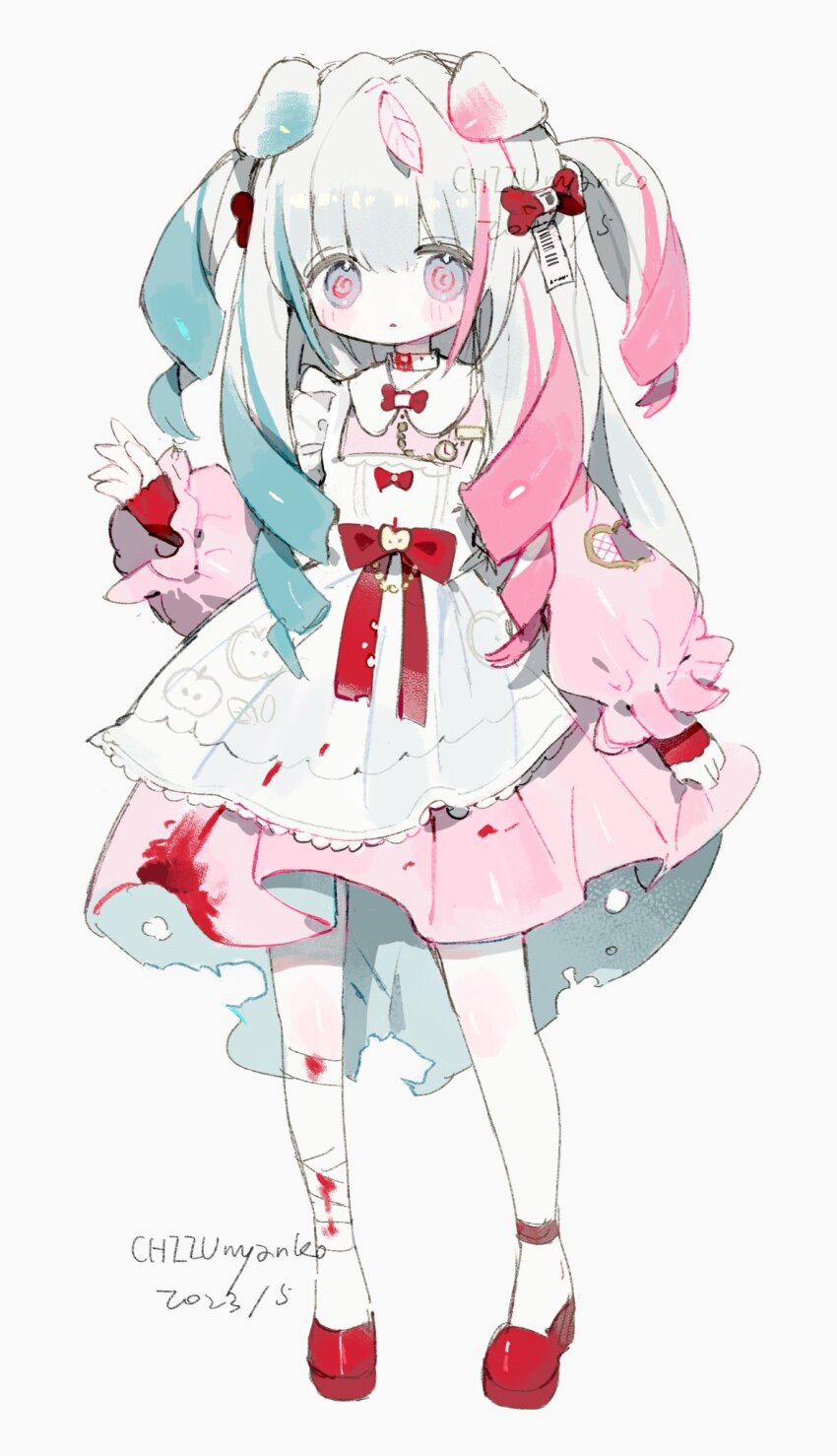 1girl, @_@, animal_ears, apron, bandaged_leg, bandages, blood, blood_on_clothes