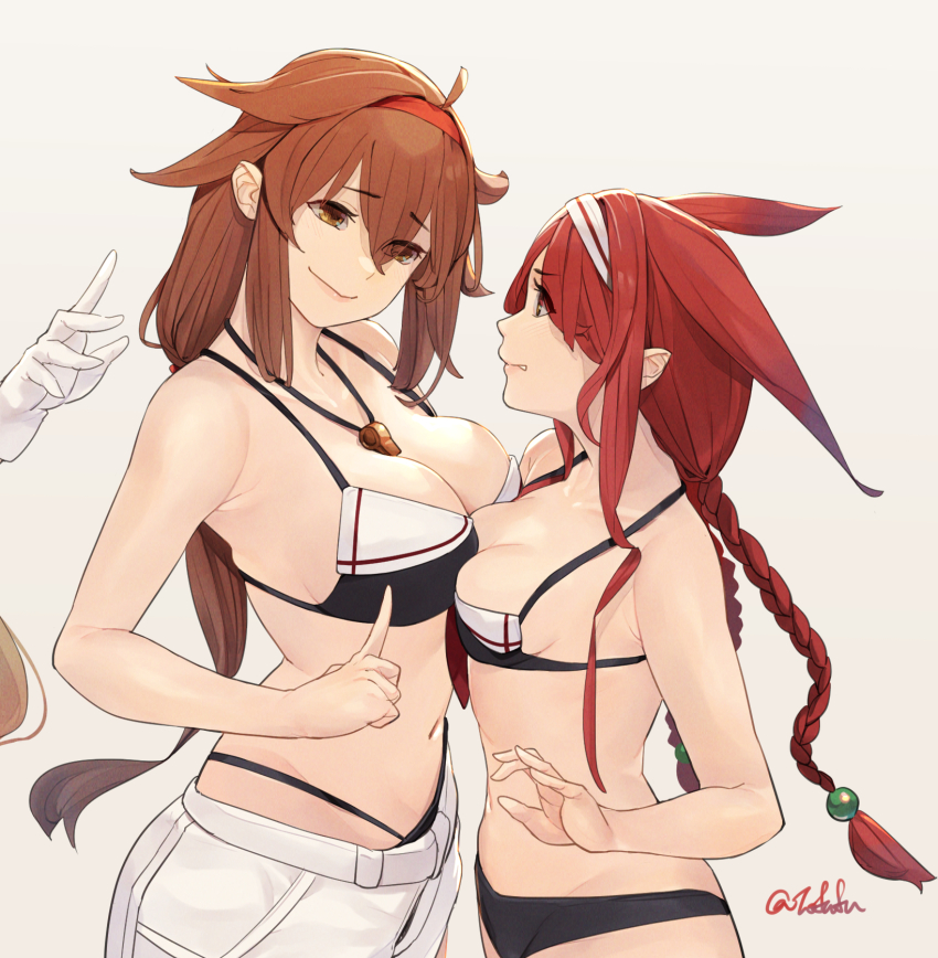 1other, 2girls, anger_vein, asymmetrical_docking, bikini, black_bikini, braid, breast_envy, breast_press, breasts, brown_eyes, brown_hair, cleavage, closed_mouth, fuwafuwatoufu, gloves, grey_background, hair_flaps, hairband, highres, kantai_collection, kawakaze_(kancolle), kawakaze_kai_ni_(kancolle), large_breasts, long_hair, multiple_girls, murasame_(kancolle), murasame_kai_ni_(kancolle), navel, red_hair, red_hairband, shiratsuyu_(kancolle), shiratsuyu_(swimsuit)_(kancolle), shiratsuyu_kai_ni_(kancolle), shorts, simple_background, small_breasts, swimsuit, twin_braids, twitter_username, whistle, whistle_around_neck, white_gloves, white_hairband, white_shorts
