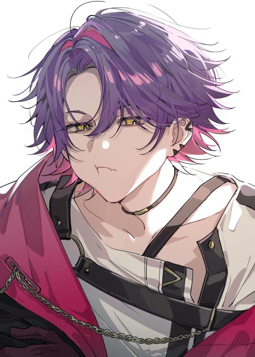 1boy, :t, absurdres, backlighting, belt, black_belt, black_choker, black_jacket