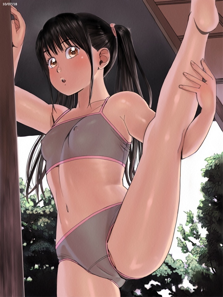 1girl, :o, barefoot, black_hair, blush, breasts, brown_eyes, cameltoe, chitose_(zenkou), covered_erect_nipples, dated, female_focus, flat_chest, flexible, from_below, kneepits, leg_lift, legs, looking_at_viewer, looking_down, navel, original, panties, parted_lips, shiny_skin, shouji, sliding_doors, small_breasts, solo, split, sports_bra, standing, standing_on_one_leg, standing_split, stretching, twintails, underwear, underwear_only, zenkou
