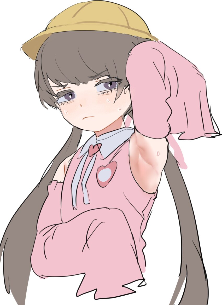 1girl, arm_up, armpit_focus, armpits, brooch, brown_hair, collared_dress, commentary_request