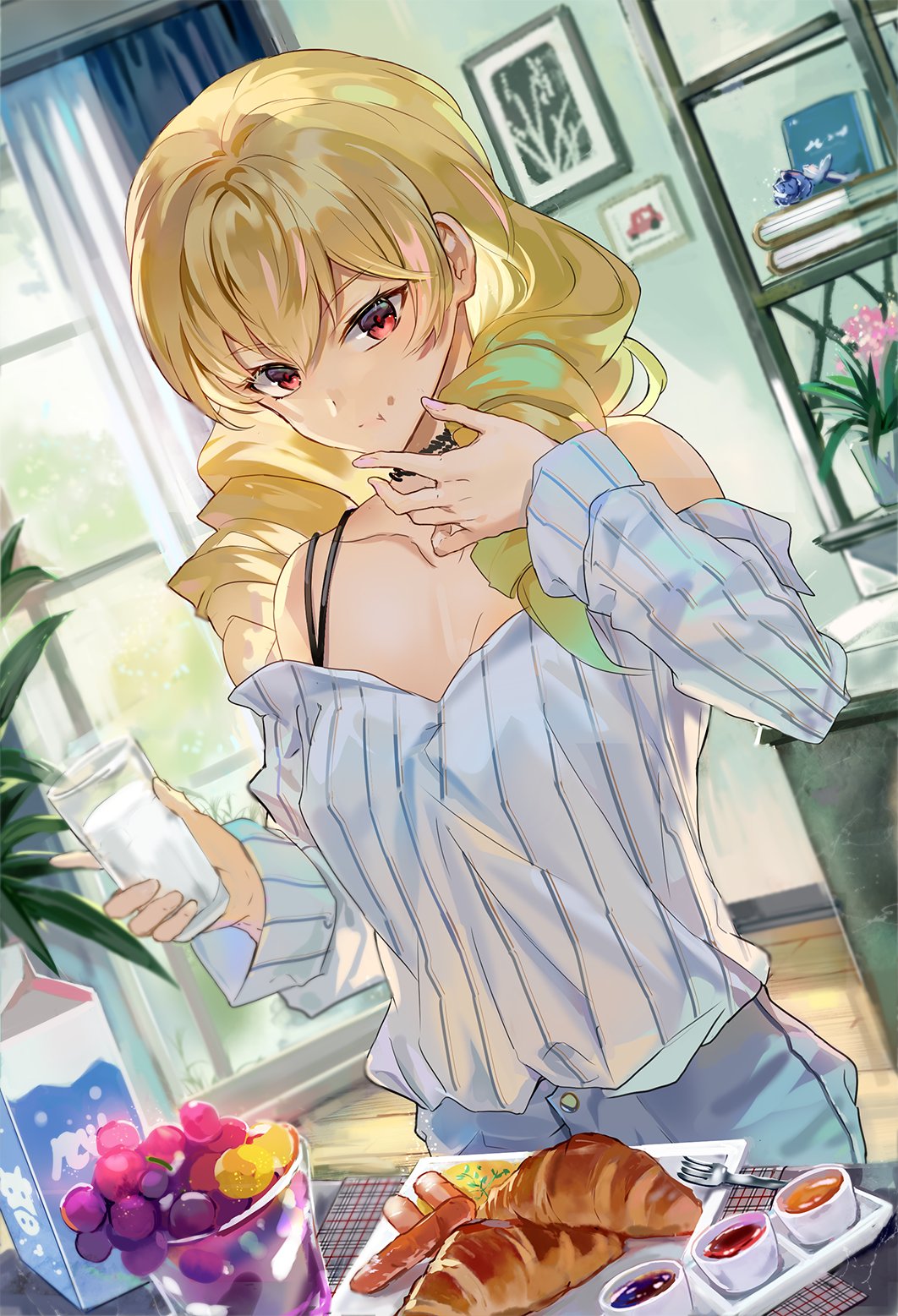1girl, alternate_costume, bare_shoulders, black_choker, blonde_hair, book, book_stack, casual