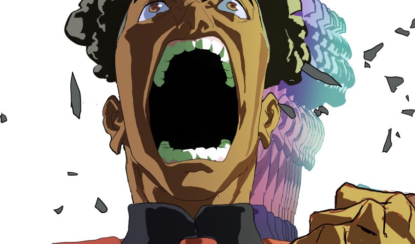 1boy, afro, afterimage, asticassia_school_uniform, black_hair, clenched_hand, cyberpunk_(series), cyberpunk:_edgerunners