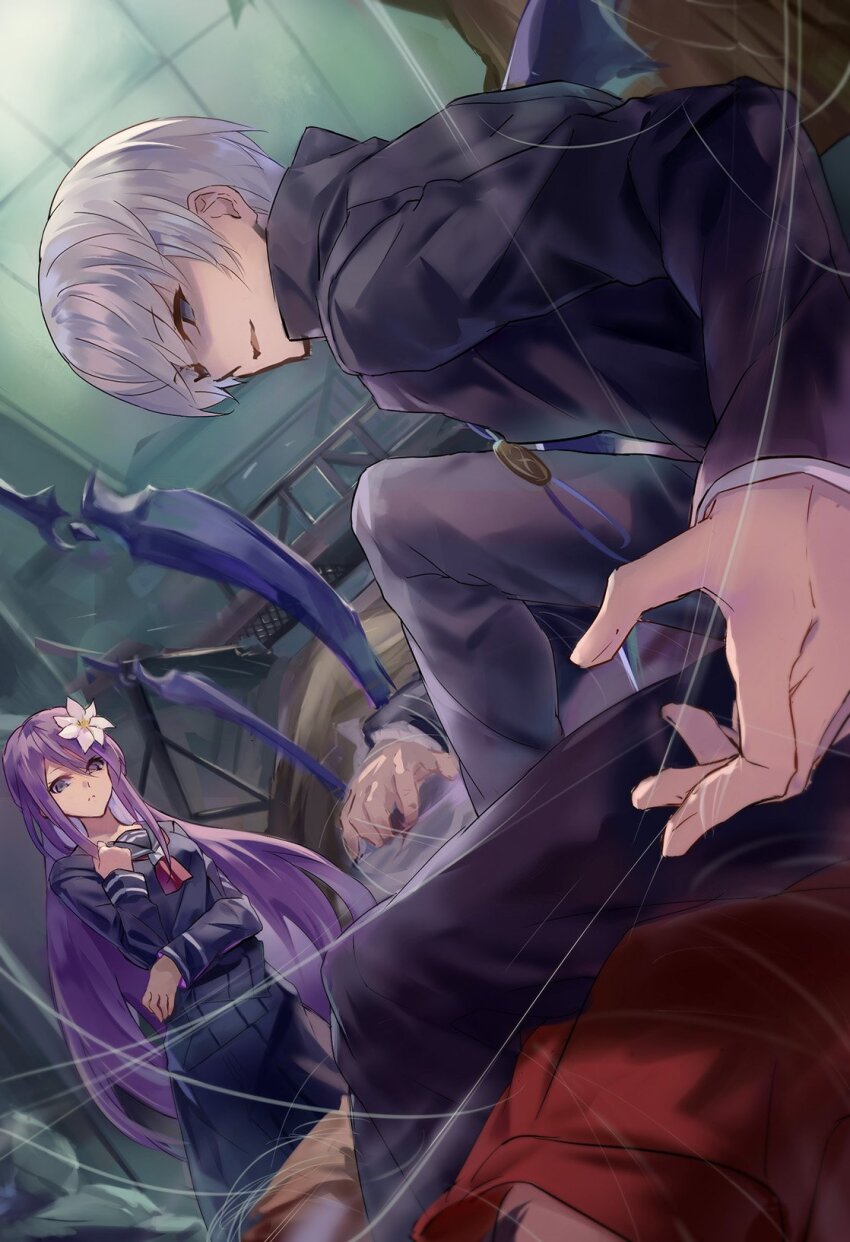 1girl, 2boys, black_eyes, black_serafuku, byakuya_(under_night_in-birth), flower, gakuran, hair_flower