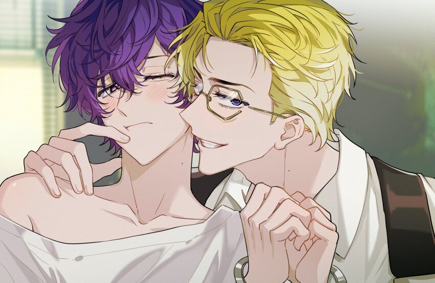 2boys, alternate_hairstyle, blonde_hair, blurry, blurry_background, blush, closed_mouth, collarbone, collared_shirt, commentary_request, cuffs, eyelashes, forehead, glasses, grin, hair_between_eyes, handcuffs, hands_up, highres, indoors, keita_kg85, looking_at_another, looking_at_viewer, male_focus, mole, mole_on_neck, multiple_boys, nijisanji, nijisanji_en, off_shoulder, one_eye_closed, parted_bangs, purple_eyes, shirt, short_hair, sideways_glance, single_bare_shoulder, smile, sonny_brisko, teeth, uki_violeta, upper_body, virtual_youtuber, white_shirt, window, wing_collar, yaoi, yellow-framed_eyewear