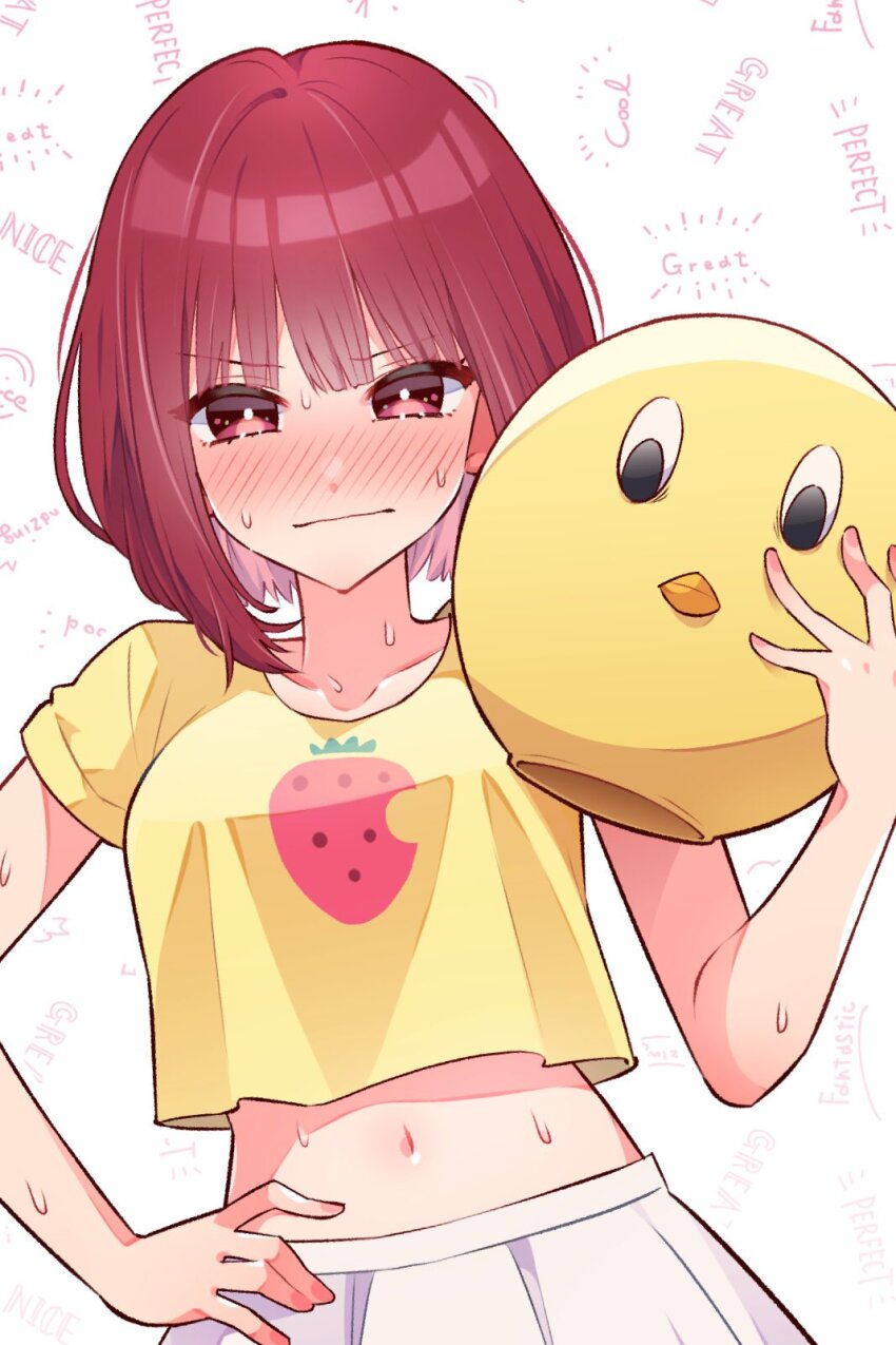 1girl, arima_kana, bird_mask, blush, commentary_request, embarrassed, english_text, food_print, fruit_print, highres, holding, holding_mask, junjonta, looking_at_viewer, mask, medium_hair, midriff, navel, oshi_no_ko, pieyon, red_eyes, red_hair, shirt, short_sleeves, skirt, solo, standing, strawberry_print, sweat, unworn_mask, white_skirt, yellow_shirt