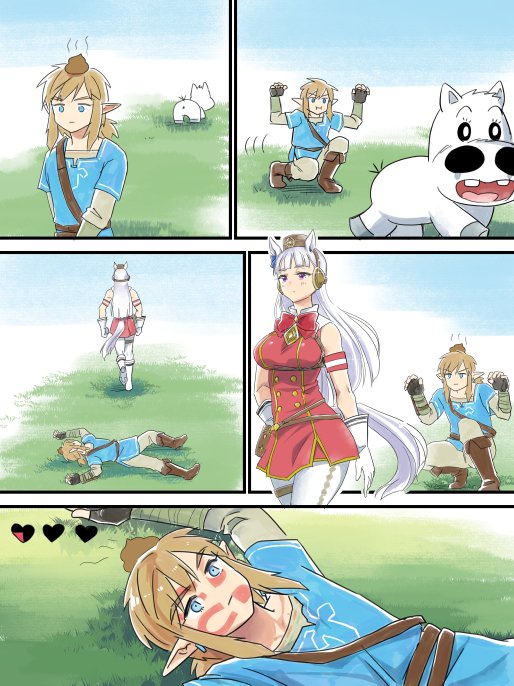 1boy, 1girl, animal_ears, blue_eyes, blue_tunic, blunt_bangs, boots, breasts, brown_footwear, comic, commentary_request, crossover, fingerless_gloves, gameplay_mechanics, gloves, gold_ship_(red_strife)_(umamusume), gold_ship_(umamusume), horse_ears, horse_girl, horse_tail, large_breasts, light_brown_hair, link, midori_makibaoo, midori_no_makibaoo, monbetsu_kuniharu, multiple_crossover, nintendo, pointy_ears, poop, silent_comic, squatting, tail, the_legend_of_zelda, the_legend_of_zelda:_breath_of_the_wild, told_you_not_to_do_that, tunic, umamusume, white_gloves, white_hair