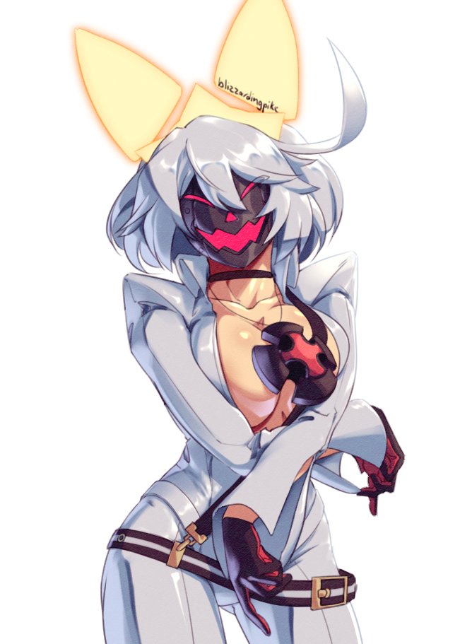 1girl, ahoge, animal_ears, belt, blizzardingpike, bodysuit, breast_hold, breasts, cat_ears, choker, cleavage, collarbone, cosplay, cowboy_shot, cross, cross_necklace, crossed_arms, elphelt_valentine, fake_animal_ears, front_slit, gloves, gluteal_fold, grin, guilty_gear, guilty_gear_xrd, halo, jack-o'_valentine, jack-o'_valentine_(cosplay), jewelry, large_breasts, long_sleeves, looking_at_viewer, mask, masked, necklace, short_hair, simple_background, smile, solo, twitter_username, two-tone_gloves, white_background, white_bodysuit, white_hair