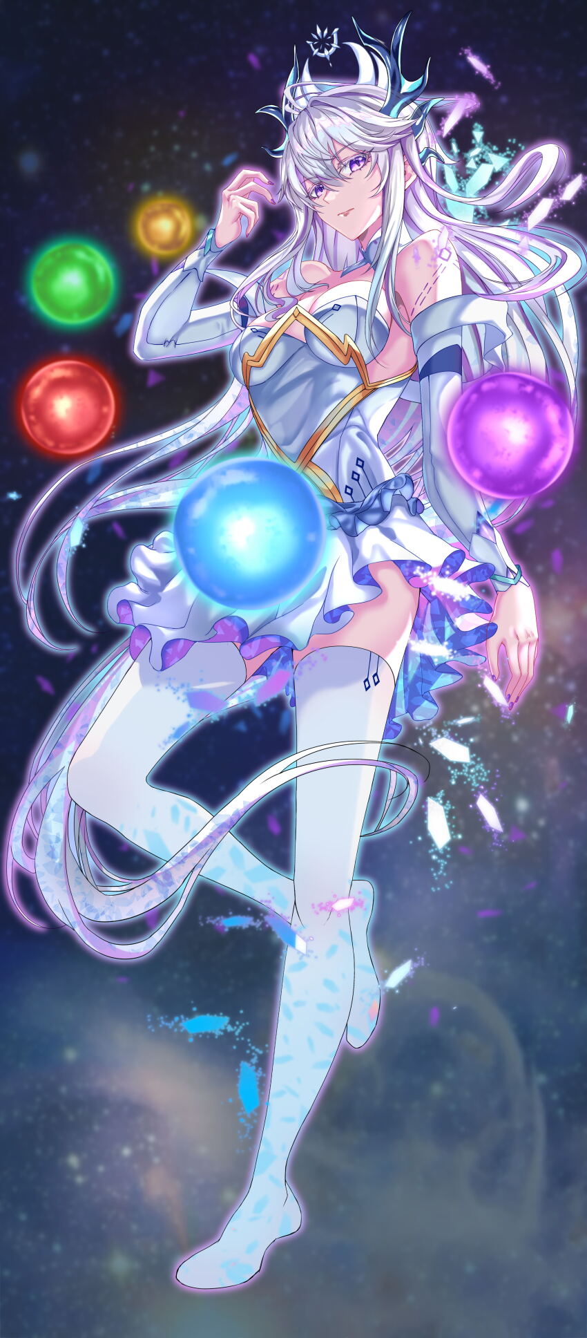 1girl, absurdres, bare_shoulders, breasts, closed_mouth, douluo_dalu, dress, full_body, gu_yuena, guoman_gongzuoshi_ka_lian, highres, horns, leg_up, long_hair, medium_breasts, orb, purple_eyes, purple_nails, shards, solo, star_(sky), white_dress, white_footwear, white_hair