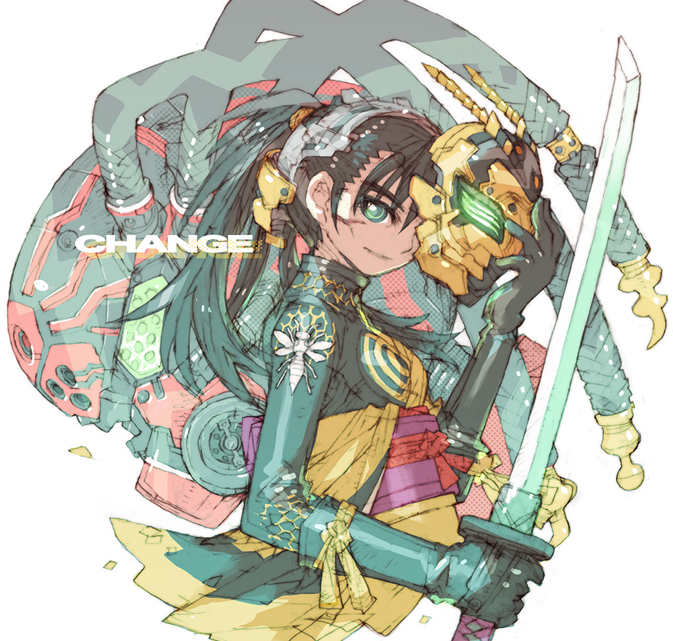1boy, 1girl, black_gloves, black_hair, compound_eyes, cyborg, gloves, green_eyes, hachi-aug, hachi_augment_01, hiromi_(shin_kamen_rider), holding, holding_mask, holding_sword, holding_weapon, honeycomb_(pattern), honeycomb_print, japanese_clothes, kamen_rider, katana, kimono, looking_at_viewer, man_spider, mask, nakayama_tooru, science_fiction, shin_kamen_rider, simple_background, sword, tokusatsu, translation_request, twintails, weapon, white_background