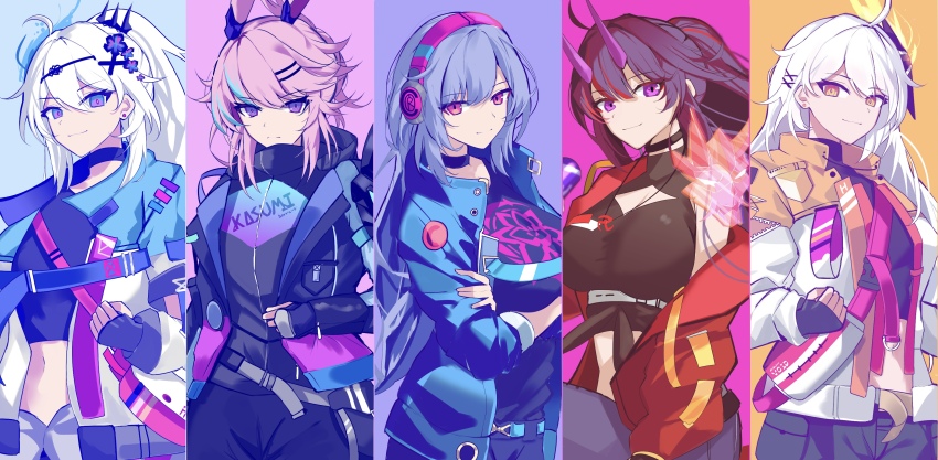 5girls, absurdres, ahoge, alternate_costume, animal_ears, black_choker, black_hair, black_headwear