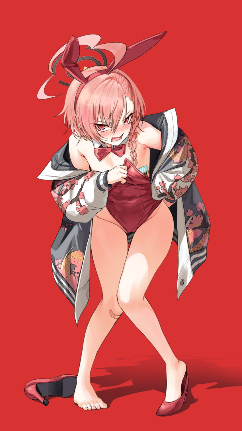 1girl, ahoge, animal_ears, annoyed, bandaid, bandaid_on_knee, bandaid_on_leg, black_halo, blue_archive, blush, bow, bowtie, braid, breasts, detached_collar, fake_animal_ears, full_body, groin, halo, high_heels, highleg, highleg_leotard, highres, holding, holding_unworn_clothes, huge_ahoge, jacket, knees_together_feet_apart, leotard, looking_at_viewer, mole, mole_under_eye, name_tag, neru_(blue_archive), neru_(bunny)_(blue_archive), off_shoulder, official_alternate_costume, open_clothes, open_jacket, open_mouth, oversized_breast_cup, oversized_clothes, pink_hair, pinkmarine, playboy_bunny, print_jacket, rabbit_ears, red_background, red_bow, red_bowtie, red_eyes, red_leotard, red_shoes, shoes, short_hair, single_braid, single_shoe, small_breasts, solo, strapless, strapless_leotard, sukajan, traditional_bowtie, unworn_shoes