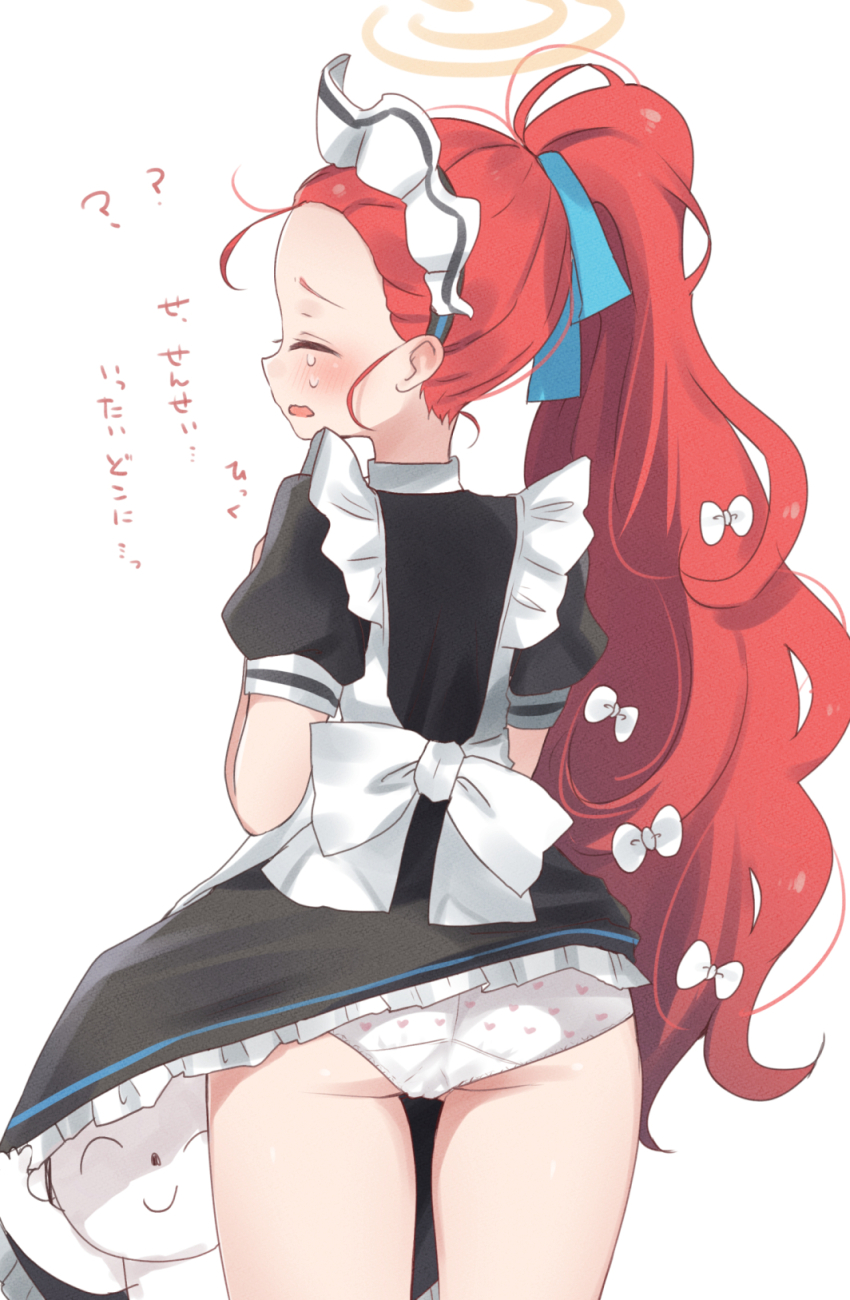 1boy, 1girl, apron, doodle_sensei_(blue_archive), back_bow, black_dress, blue_archive, blue_ribbon