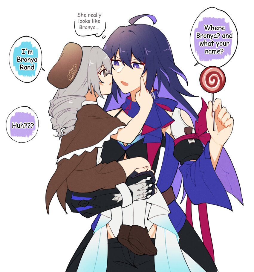 2girls, aged_down, ahoge, beret, black_gloves, black_shorts, blue_hair, blue_scarf